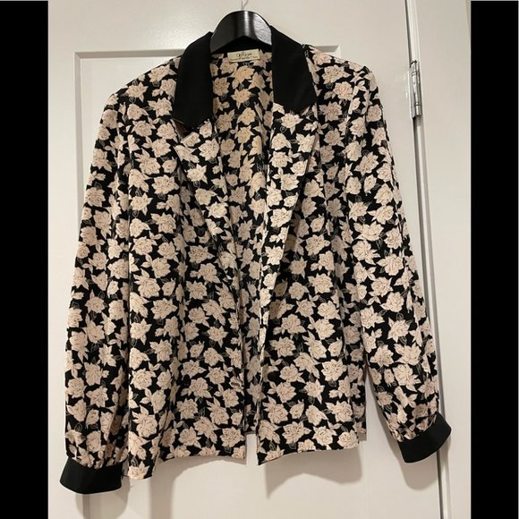 VINTAGE Black Cream Floral Print Shoulder Pad Jacket Blouse Large - Picture 3 of 15